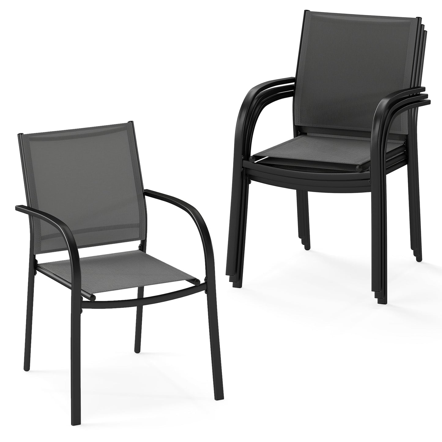 2 Pieces Outdoor Dining Chairs with Armrests and Breathable Fabric-Grey