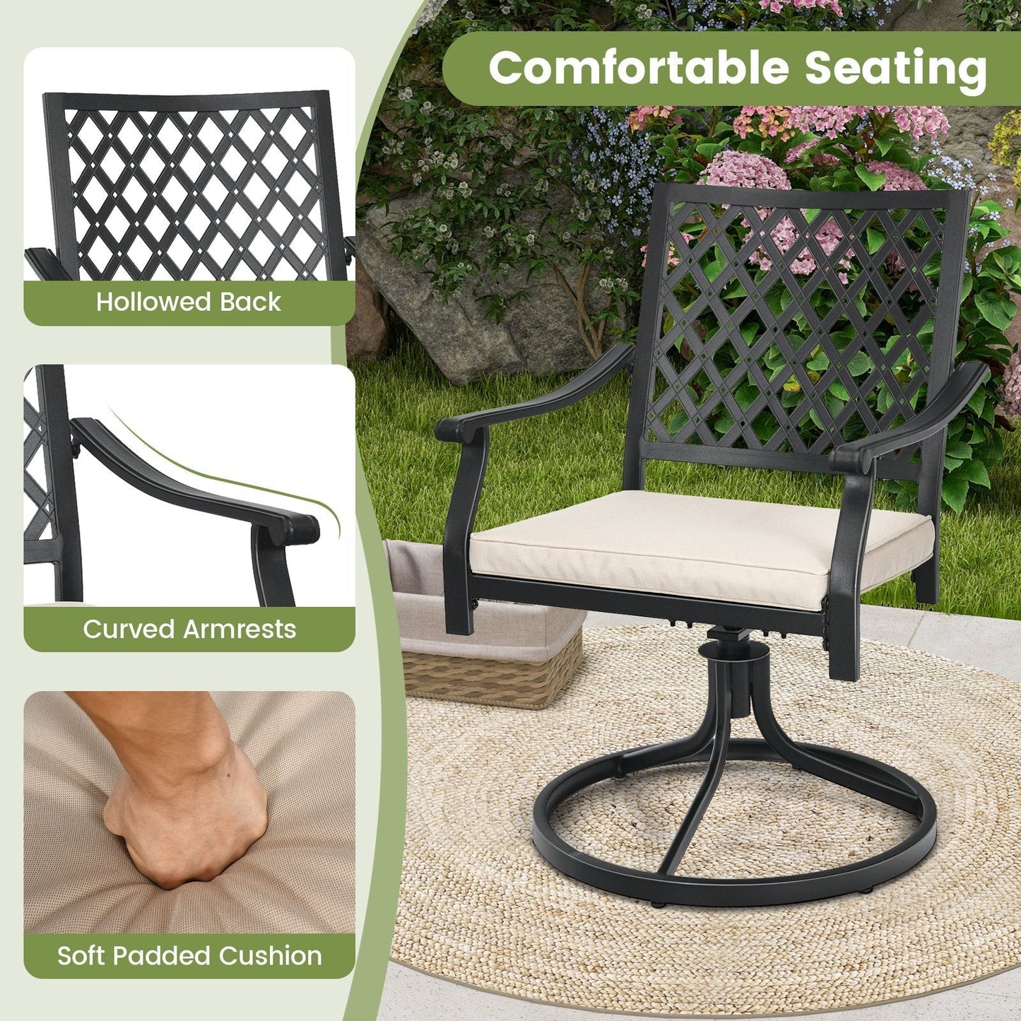 2 Pieces Outdoor Swivel Chair Patio Bistro Dining Chair Set with Soft Seat Cushion-Beige