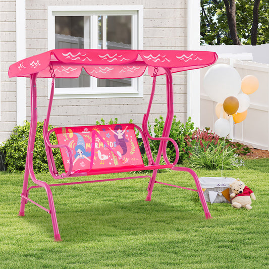 2-Seater Kids Patio Swing Chair with Adjustable Canopy and Safety Belt-Pink