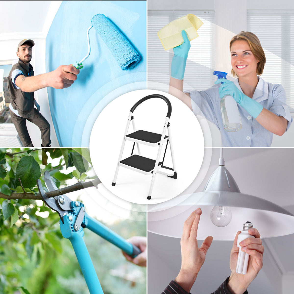 2 Step Folding Household Ladder with Anti-Slip Platform and Grip