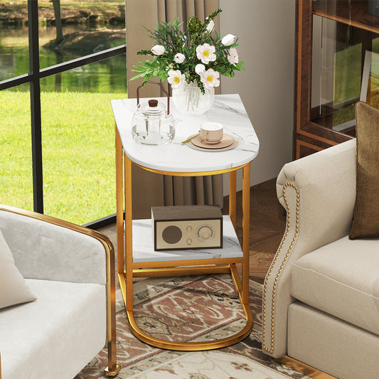 2-Tier C-shaped End Table Modern Sofa Side Table with Metal Frame-White