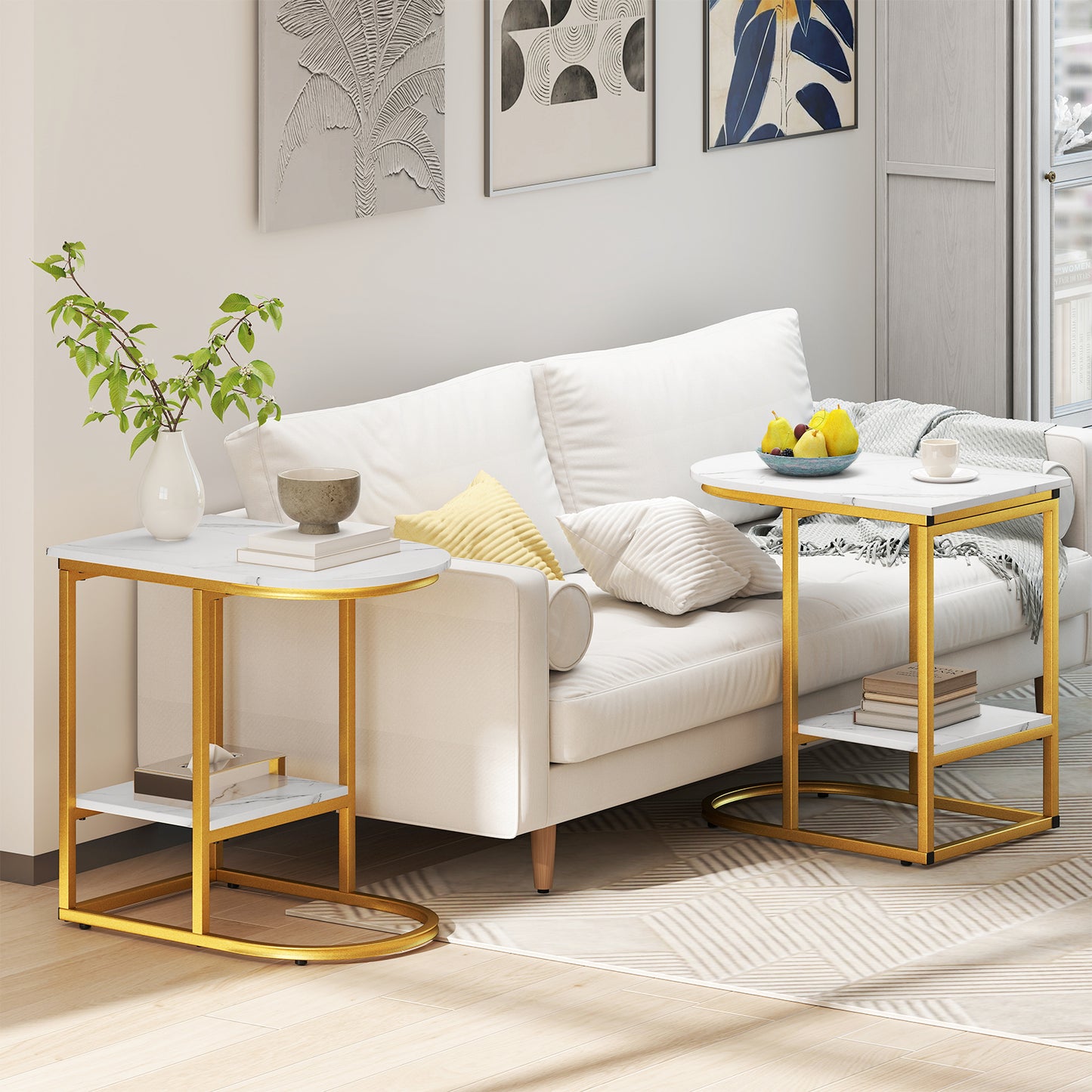 2-Tier C-shaped End Table Modern Sofa Side Table with Metal Frame-White