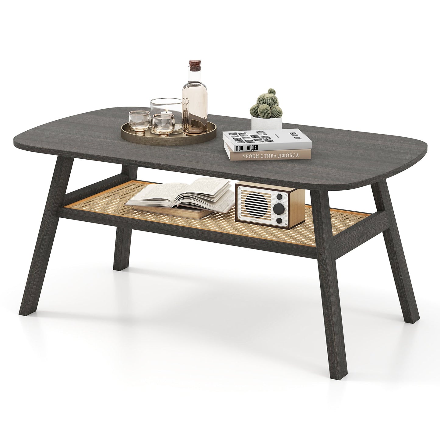 2-Tier Coffee Table with Rattan Storage Shelf and Rubber Wood Legs-Black