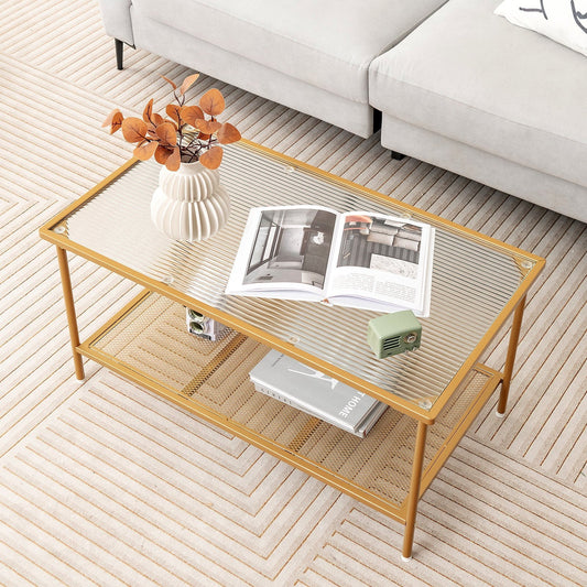 2-Tier Coffee Table with Shelf Tempered Glass Top-Golden