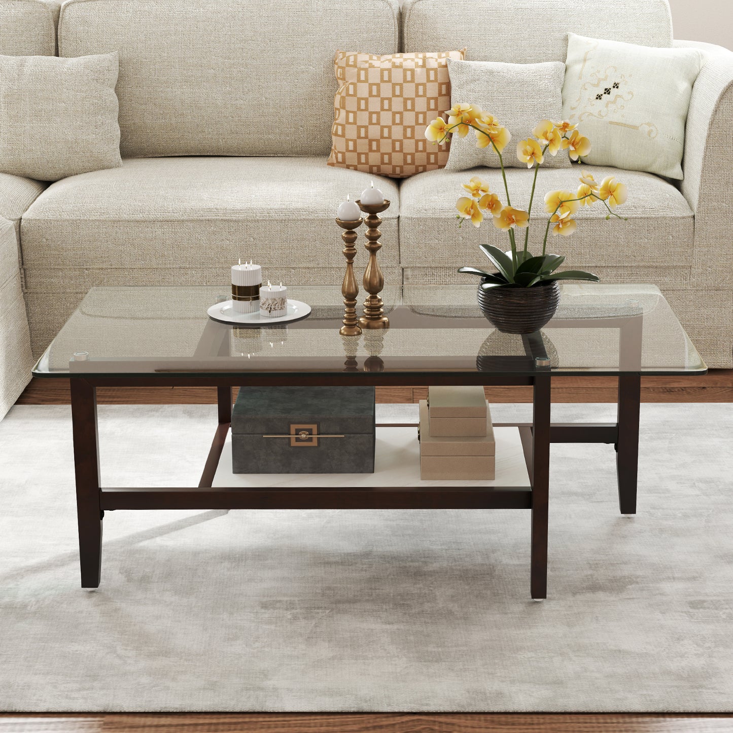 2-Tier Coffee Table with Storage Shelf and Solid Rubber Wood Legs-Brown