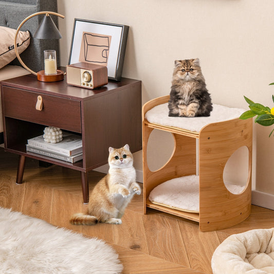 2-Tier Elevated Cat Bed Cat Tower with Natural Bamboo Frame-Natural & White