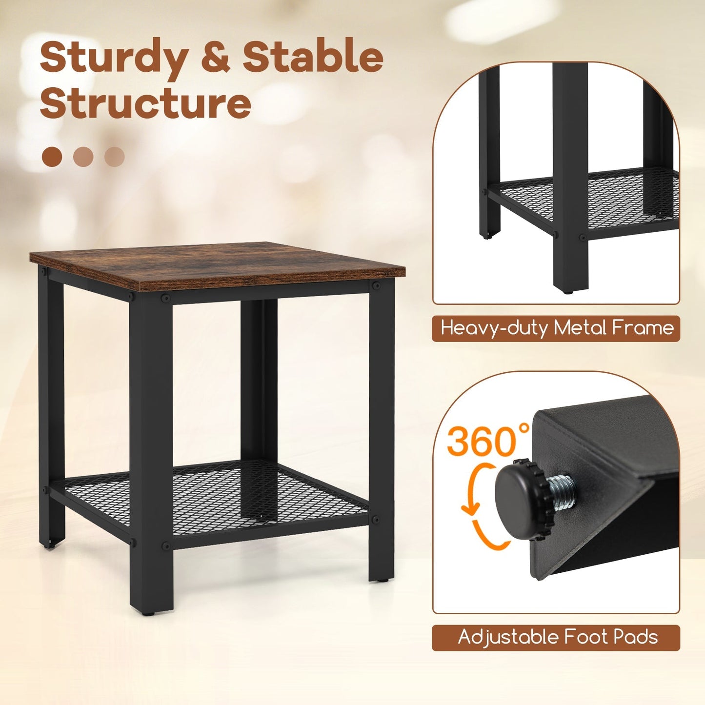 2-Tier End Table Square Sofa Side Table with Mesh Shelf-Rustic Brown