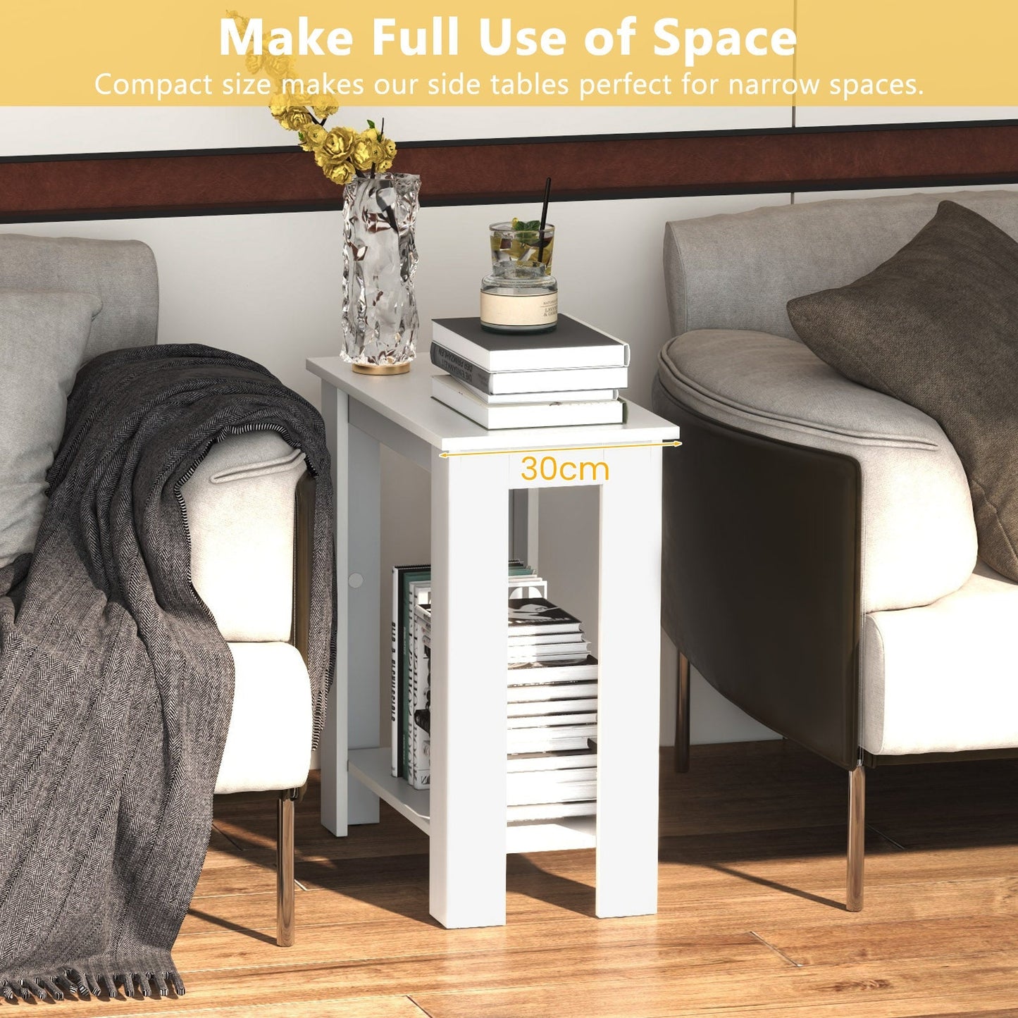 2-Tier End Table with Storage Shelf for Small Spaces-White