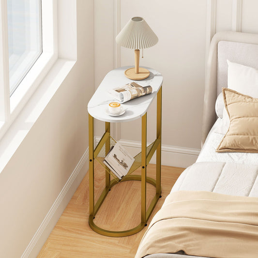 2-Tier Narrow Side Table with Magazine Holder for Living Room Bedroom-White