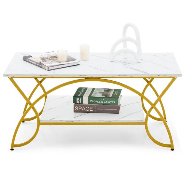 2-Tier Faux Marble Coffee Table with Golden Metal Frame-White