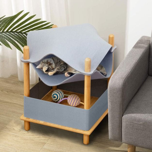 2-Tier Wooden Cat House with Semi-enclosed Condo and Removable Clothes-Grey