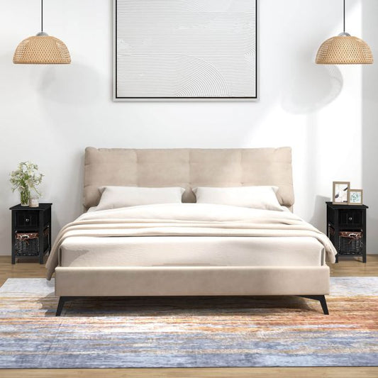 2 Tiers Wood Nightstand with 1 Drawer and 1 Baskets for Home-Black