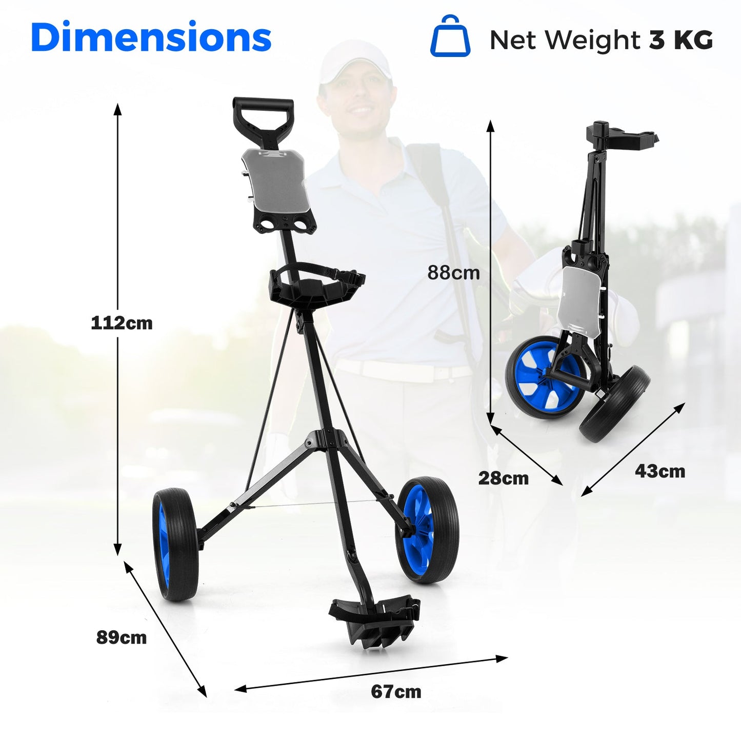 2 Wheels Foldable Golf Cart with Scoreboard-Blue