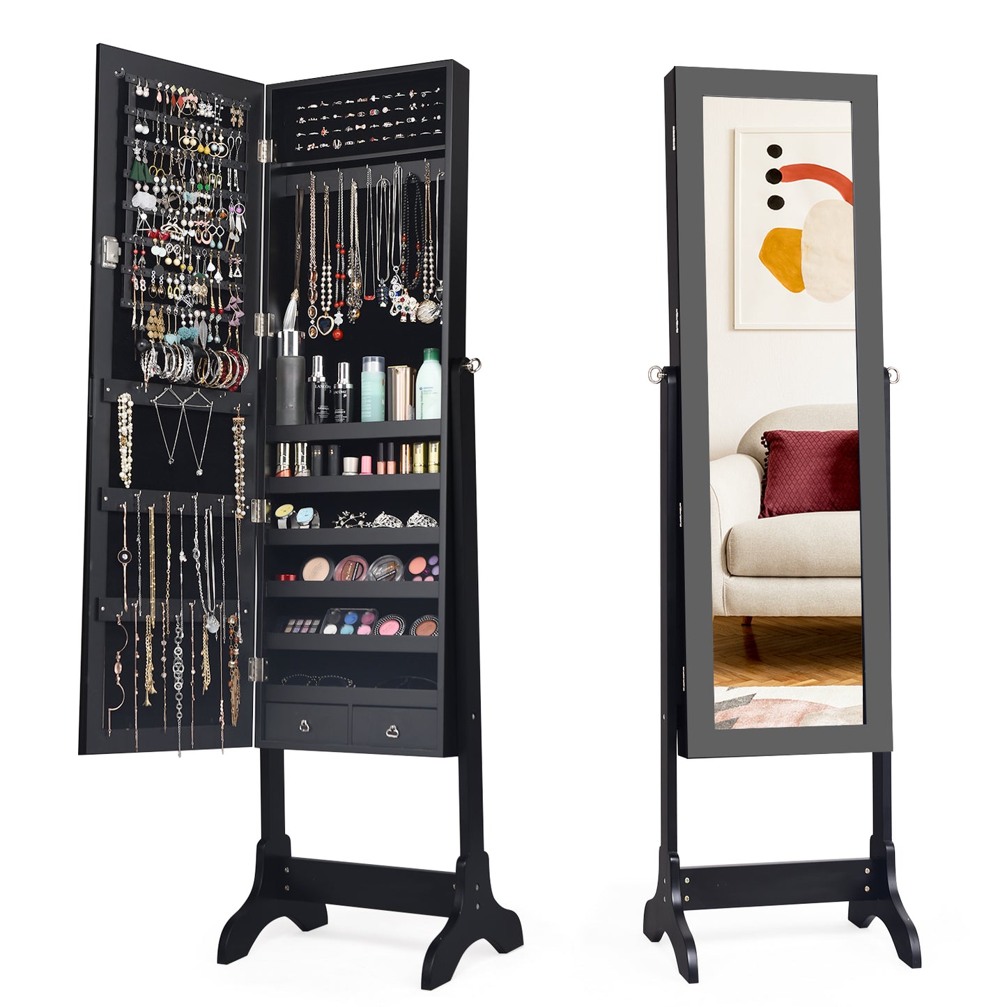 Freestanding Jewelry Cabinet with Full-Length Mirror and Drawers-Black