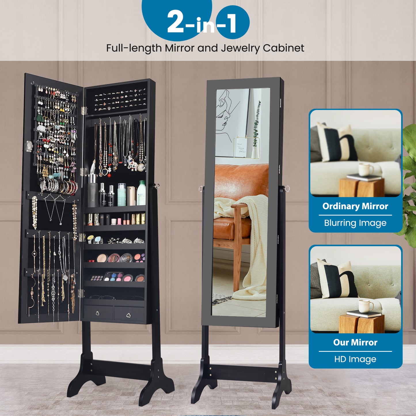 Freestanding Jewelry Cabinet with Full-Length Mirror and Drawers-Black