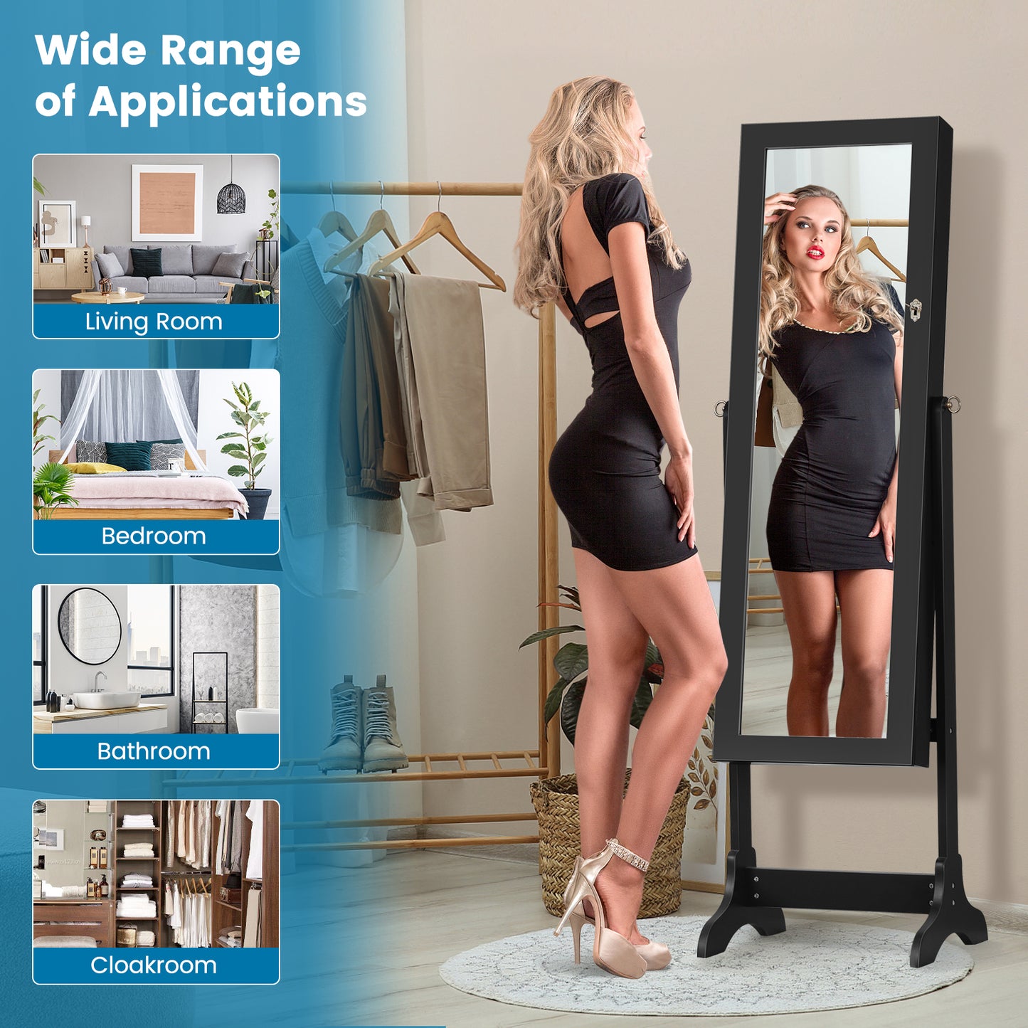Freestanding Jewelry Cabinet with Full-Length Mirror and Drawers-Black