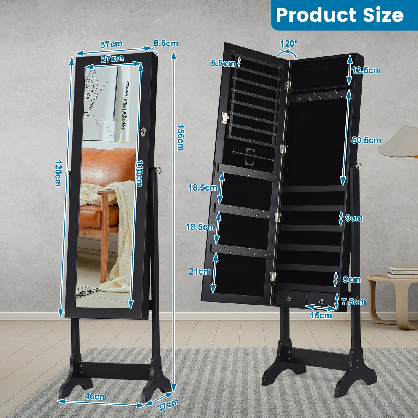Freestanding Jewelry Cabinet with Full-Length Mirror and Drawers-Black