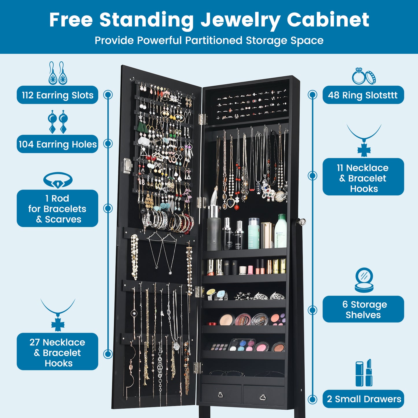 Freestanding Jewelry Cabinet with Full-Length Mirror and Drawers-Black