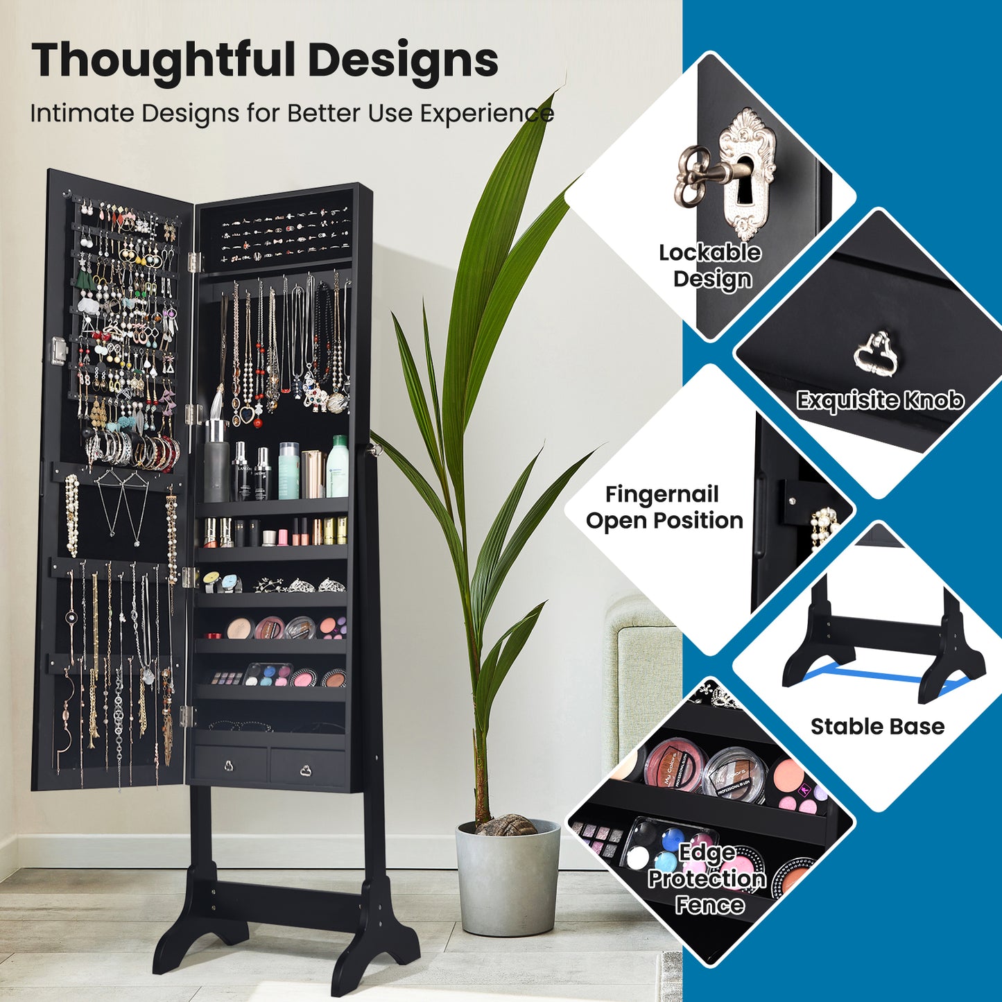 Freestanding Jewelry Cabinet with Full-Length Mirror and Drawers-Black