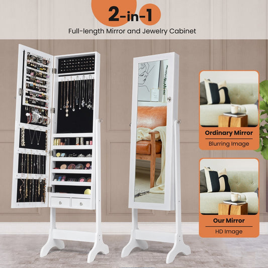Freestanding Jewelry Cabinet with Full-Length Mirror and Drawers-White