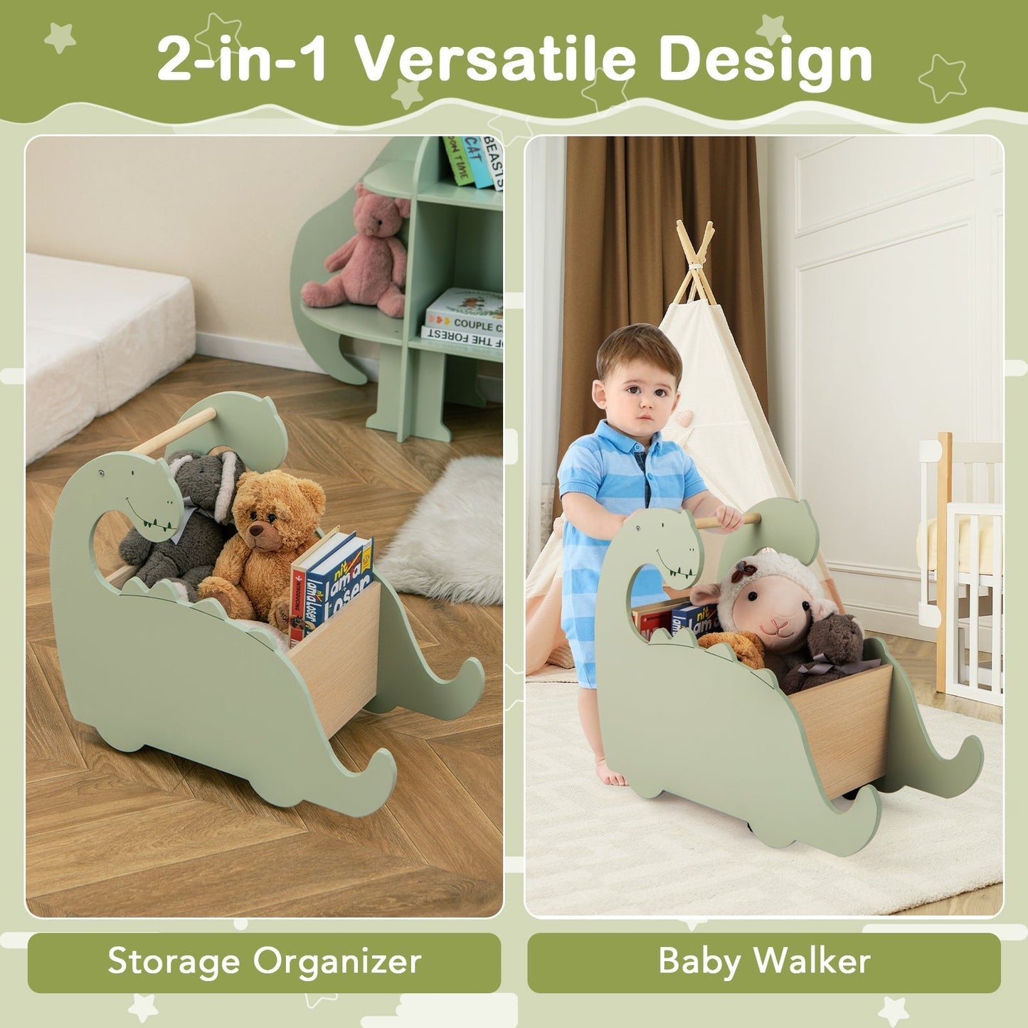 2 in 1 Wooden Baby Push Walker with Pine Wood Handle-Green