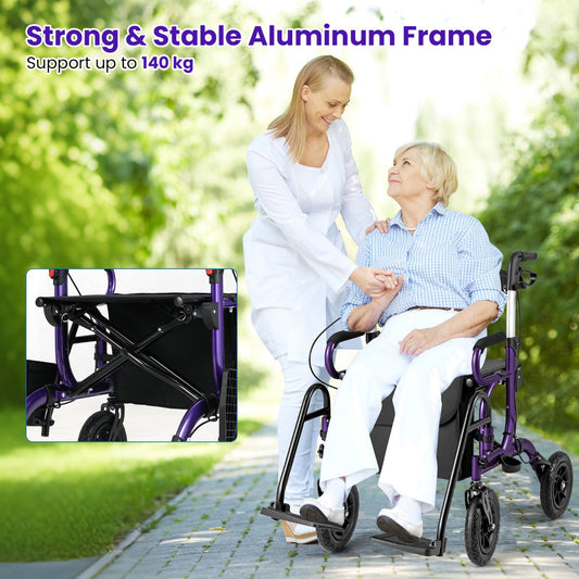 2-in-1 Foldable Rollator Walker with Seat and Pneumatic Tires for All Terrain-Purple