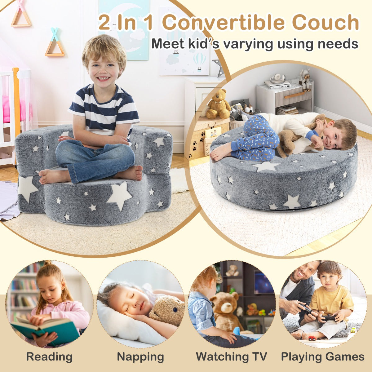 2 in 1 Glow in the Dark Sofa for Toddlers with Machine Washable Flannel Cover-Grey