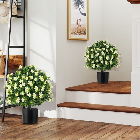 2 Pack Artificial Boxwood Topiary Ball Tree with Flowers and Plastic Nursery Pot-White