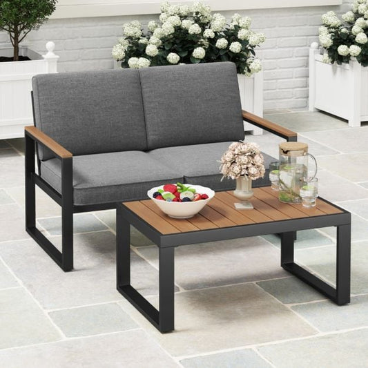 2 Piece Patio Aluminum Furniture Set with Wood-Plastic Armrests and Tabletop-Grey