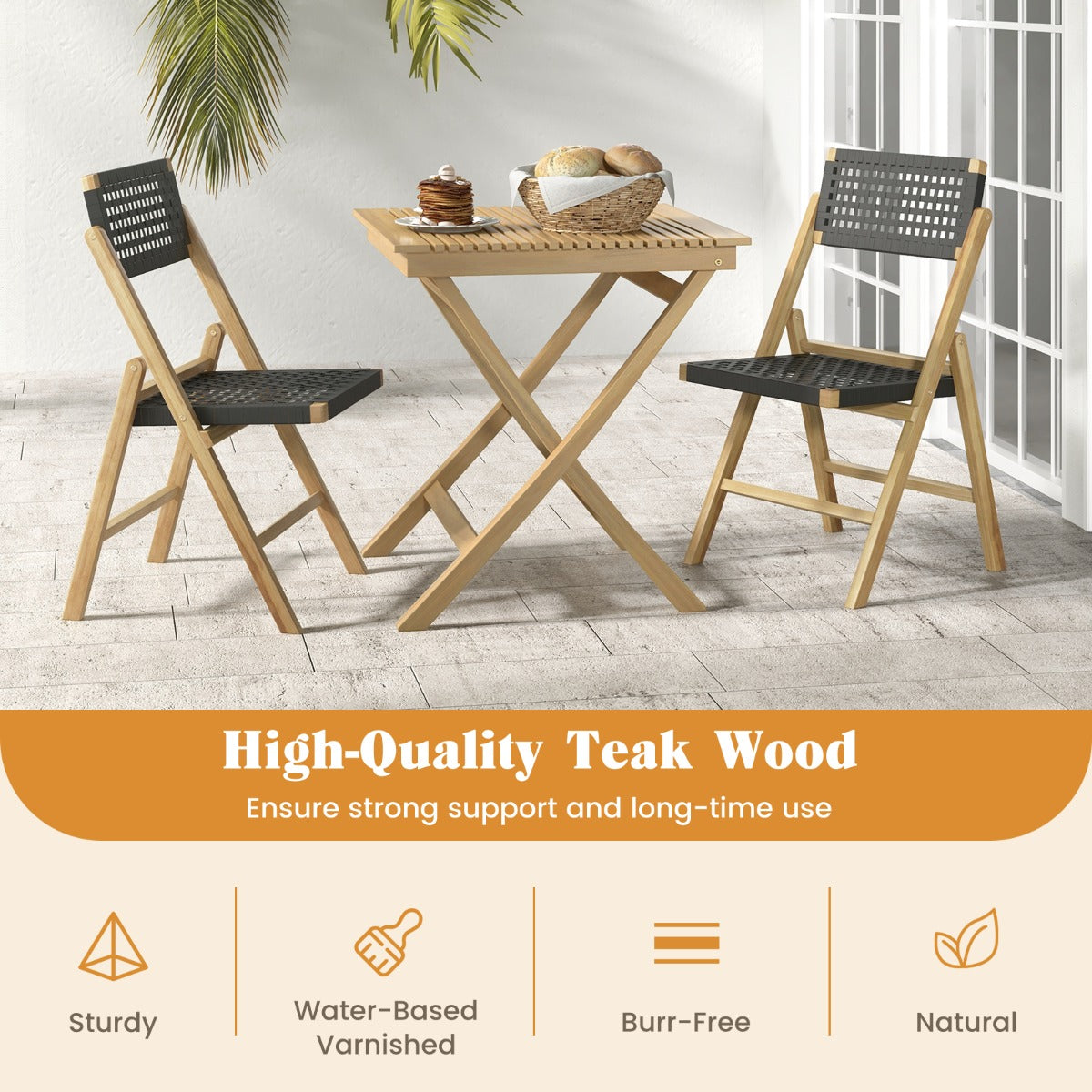 2 Piece Patio Folding Chairs with Woven Rope Seat and Back