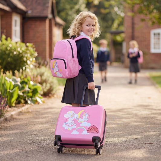 2 Pieces Kid Luggage Set with Spinner Wheels and Lanyard for Carry Strap-Pink