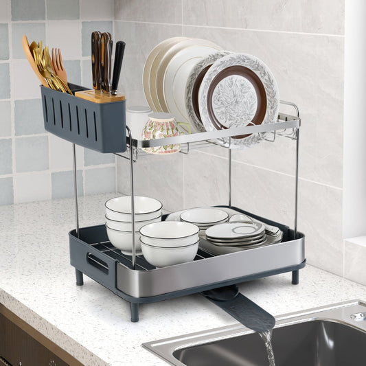 2-Tier Dish Drying Rack Stainless Steel Dish Drainer with Cutlery Holder