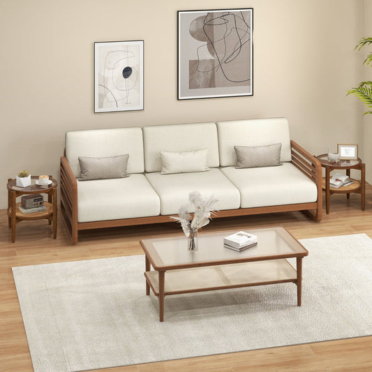 2-Tier Round Side End Table Set of 2 with Tempered Glass Tabletop