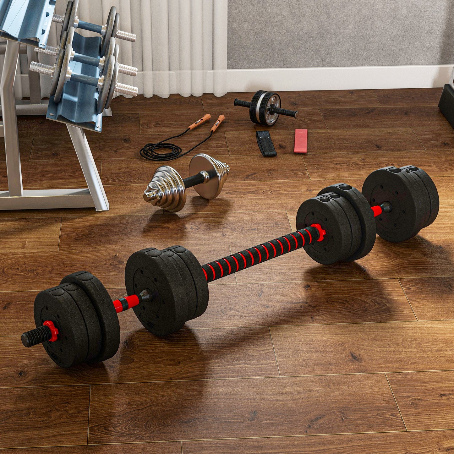 HOMCOM 20 kg 2 W 1 Regulowany Zestaw Hantel, Hantle Ręczne Sztanga do Fitnessu Ciała, Trening Podnoszenia dla Domu, Biura, Siłowni, Czarny