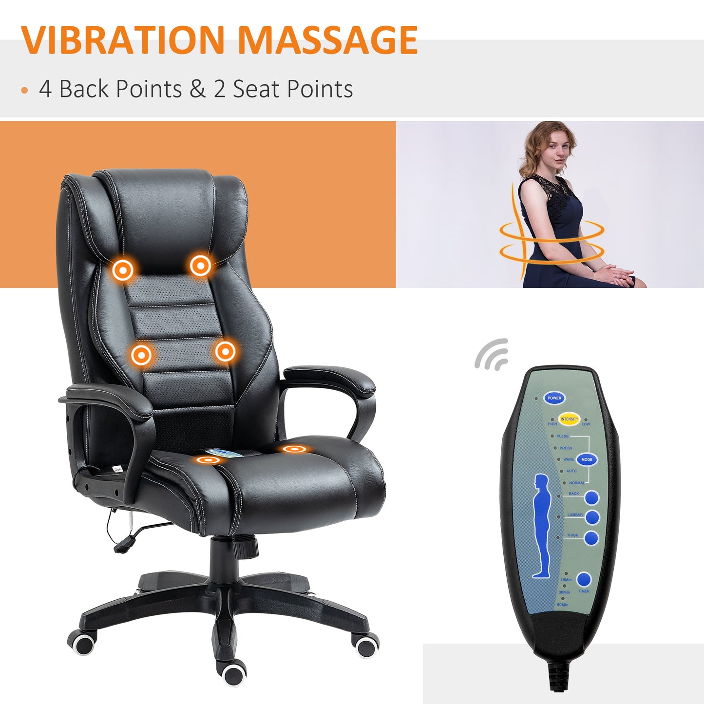 Vinsetto Office Chair with 6-Point Maaage and Back Heat, PU Desk Chair with Padded Seat and Armrest, Computer Chair with Tilt Function for Home, Black