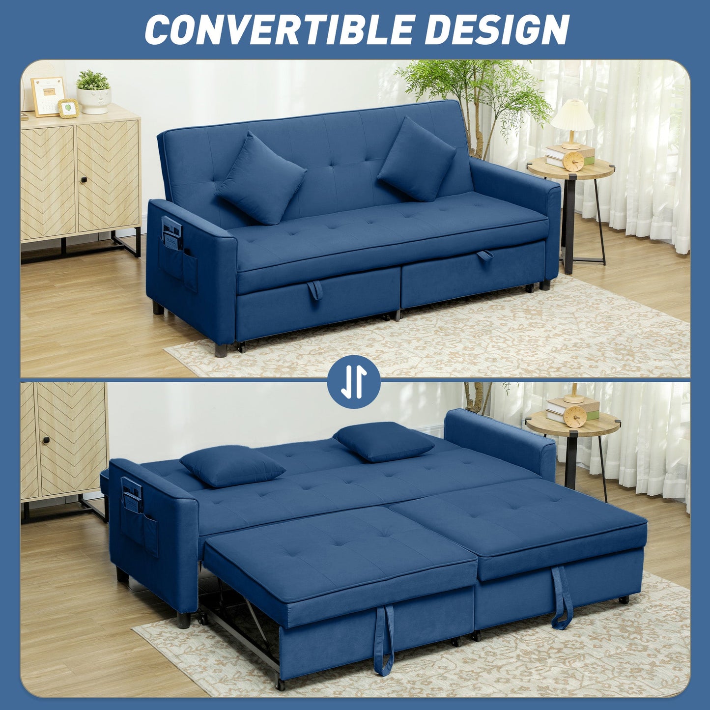 HOMCOM Trzyosobowa sofa rozkładana Velvet-Feel - niebieska