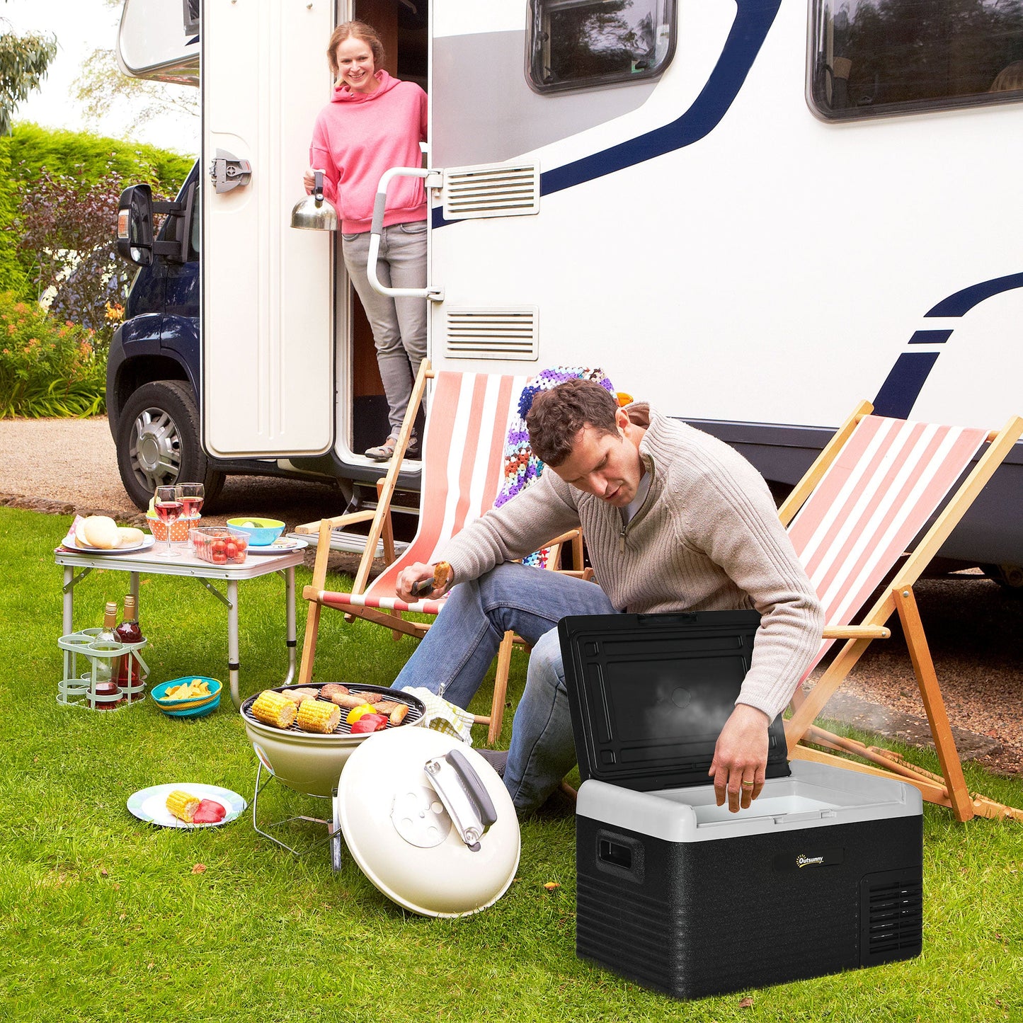 Outsunny 30L Car Refrigerator, Portable Compressor Car Fridge Freezer, Electric Cooler Box with 12/24V DC and 110-240V AC for Camping, Driving, Picnic, Down to -20_