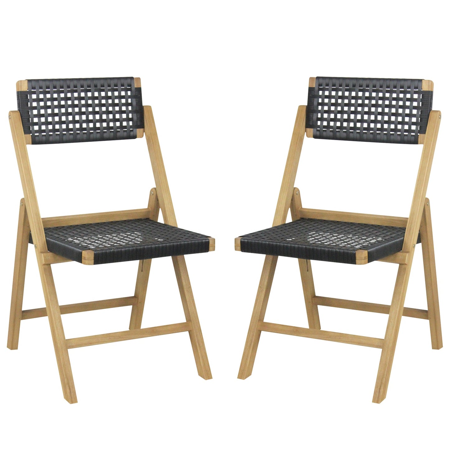 Set of 2 Folding Chairs Teak Wood Dining Chairs with Woven Rope Seat and Back