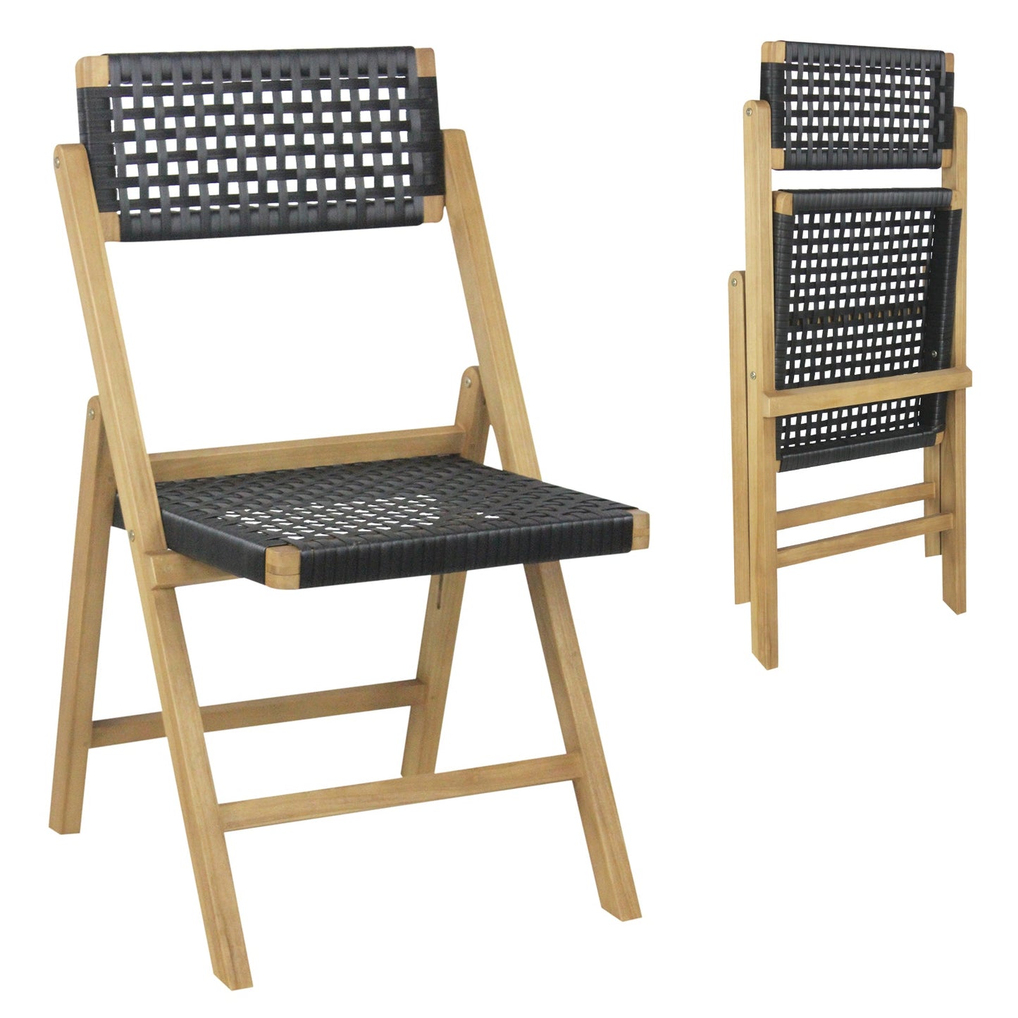 Set of 2 Folding Chairs Teak Wood Dining Chairs with Woven Rope Seat and Back