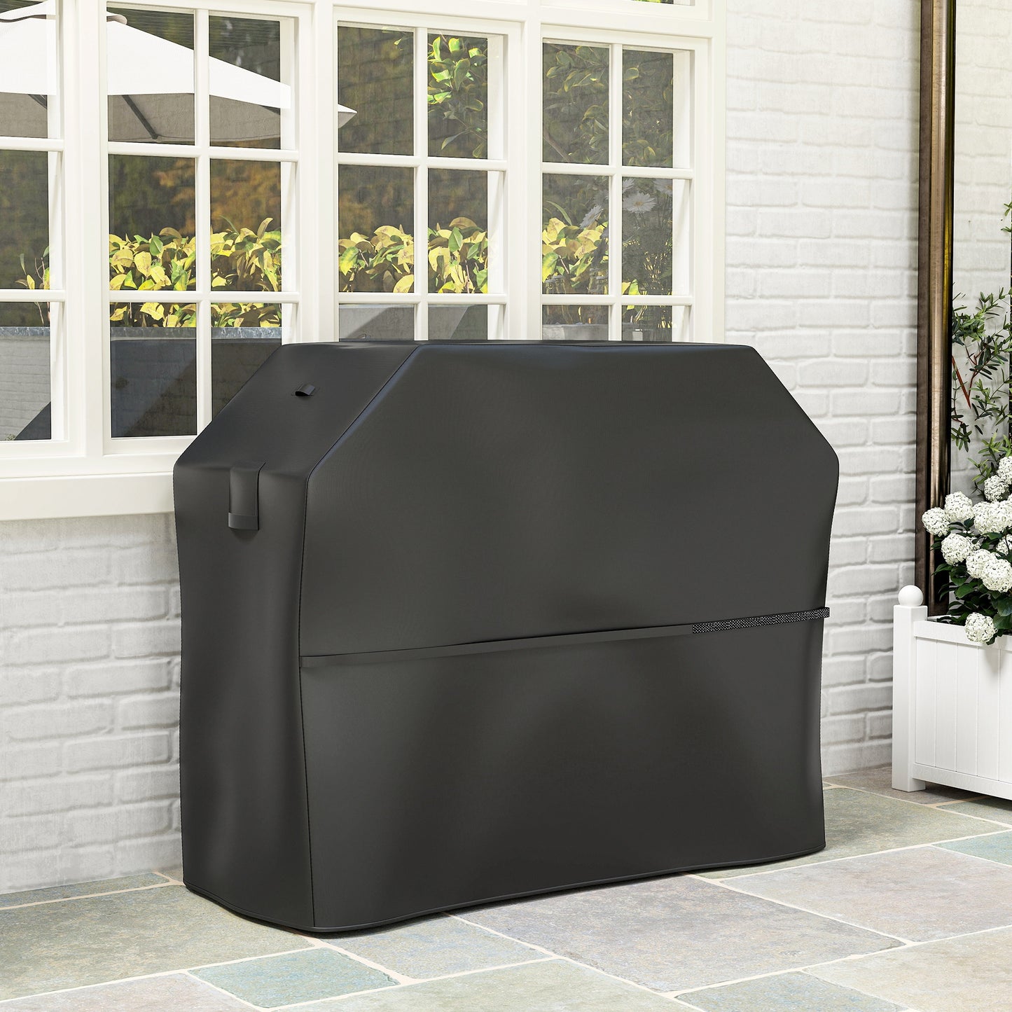 Pokrowiec Outsunny BBQ na prostokątny grill gazowy, 600D UPF30+ Oxford Fabric Barbecue Cover zapewniający wodoodporną ochronę i odporność na rozdarcia, z wiatroszczelnymi zapięciami na rzepy, otwory wentylacyjne, 147 x 61 x 122 cm, czarny