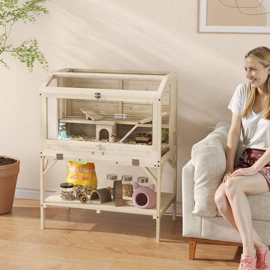 PawHut 2 Tier Wooden Hamster Cage in a Natural Wood Finish, image 2