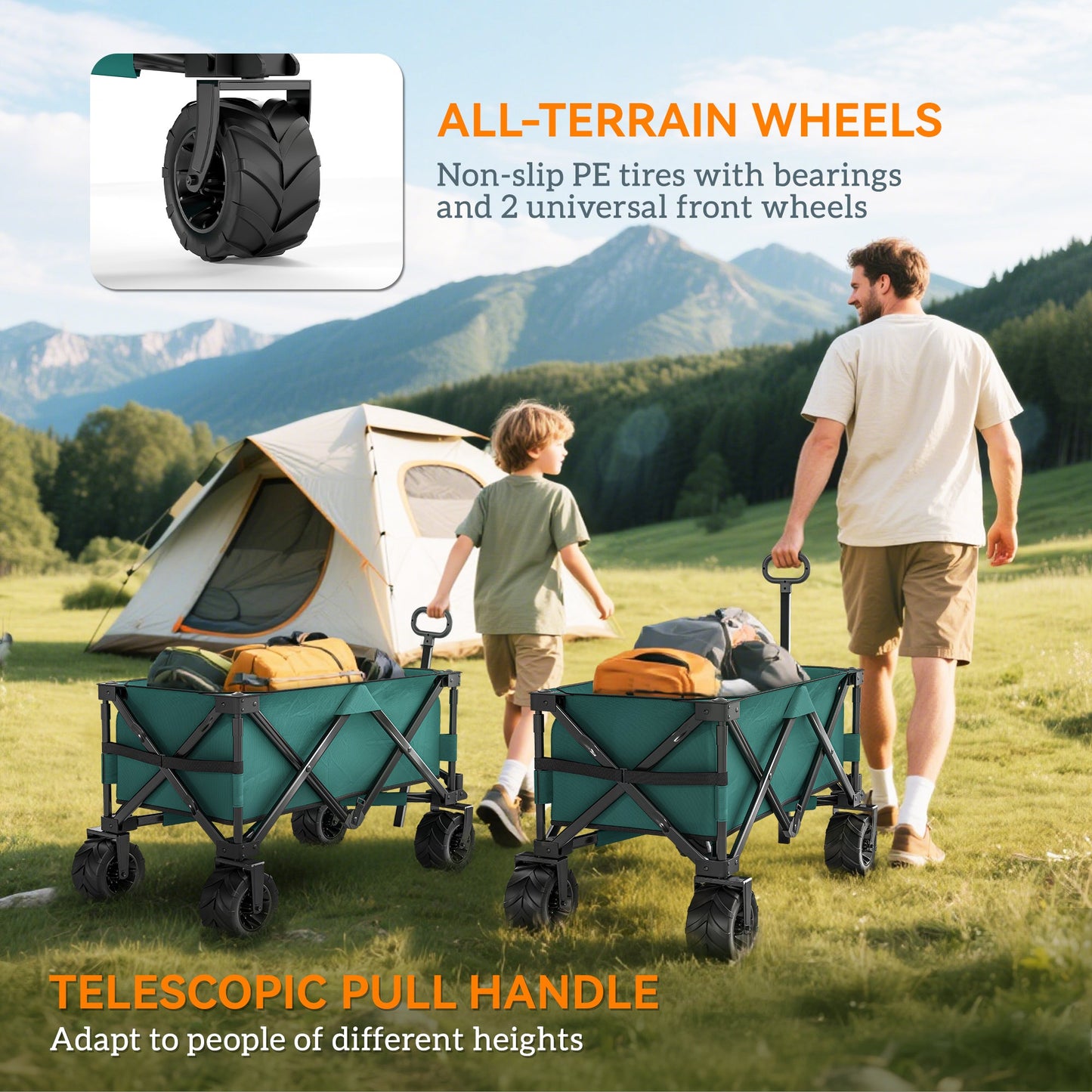 Outsunny 140L Festival Trolley on Wheels, Folding Camping Trolley Cart with Telescopic Handle, Big Wheels for Outdoor Garden Beach Fishing, Green
