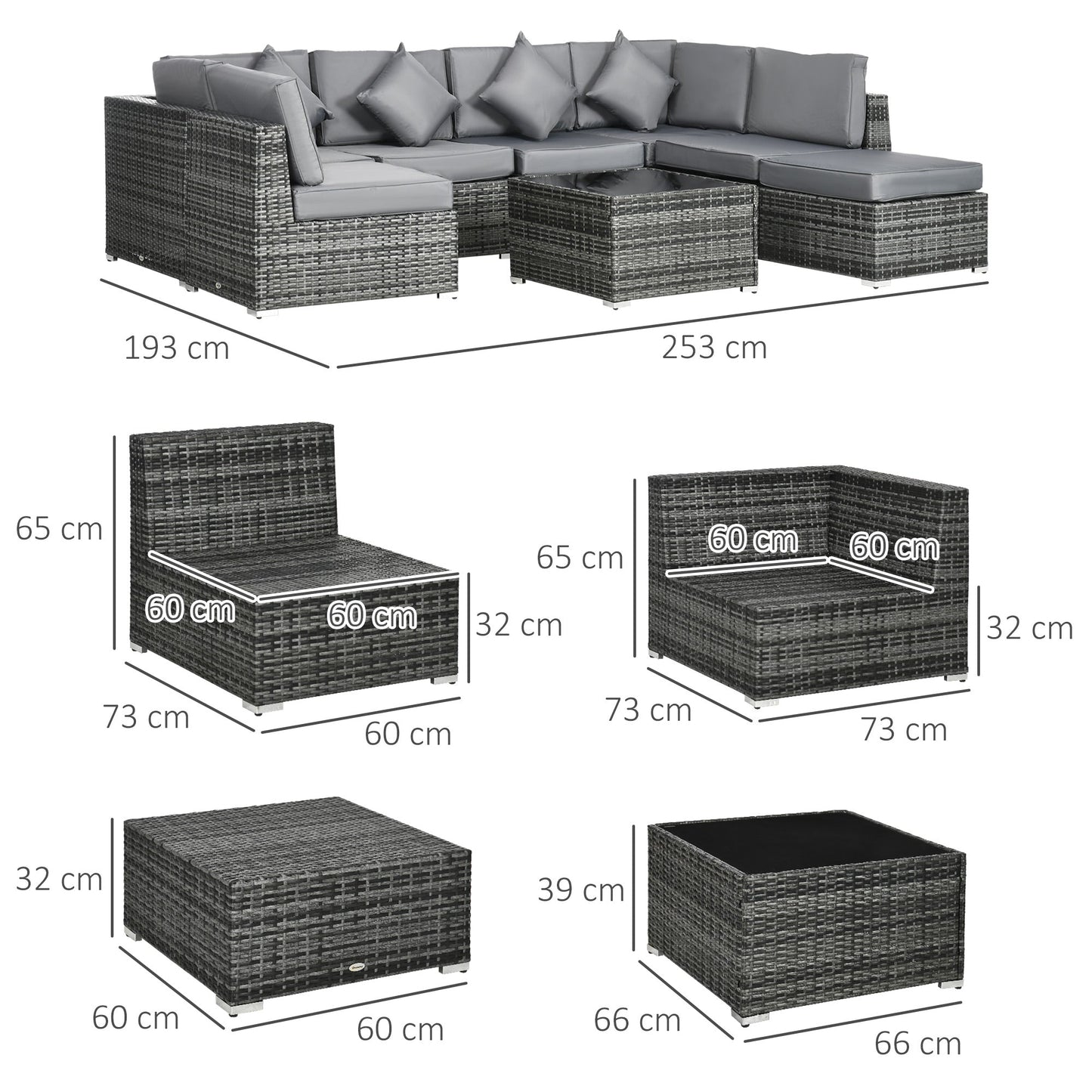 Zestaw mebli ogrodowych Outsunny z 8 narożnymi sofami z rattanu PE, zestaw mebli ogrodowych, sofa z wikliny ogrodowej z poduszką, zmywalnym pokrowcem na poduszkę i stolikiem ze szkła hartowanego, kolor szary