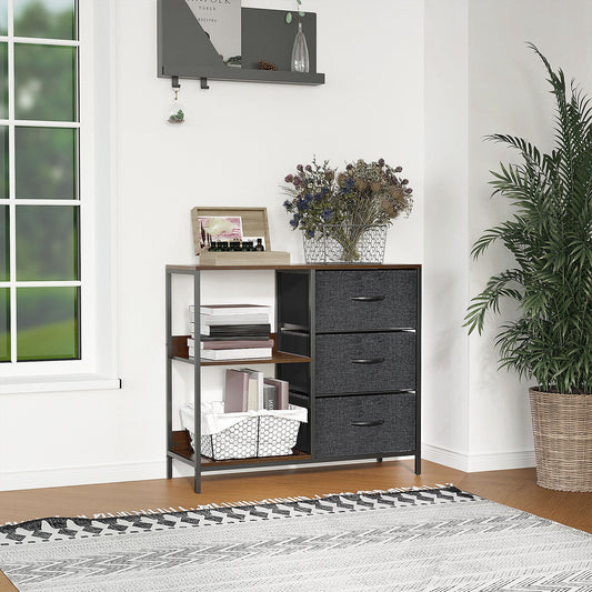 HOMCOM Chest of Drawers Storage Dresser Cabinet Organizer with 3 Fabric Drawers and 2 Display Shelves for Living Room, Bedroom, Hallway, Black