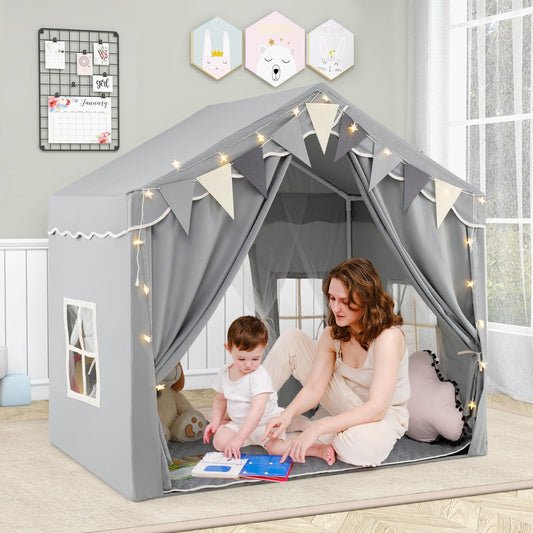 3-4 Kids Large Play Tent House with 2 Opening Doors Star Lights and Plaid Pennants-Grey