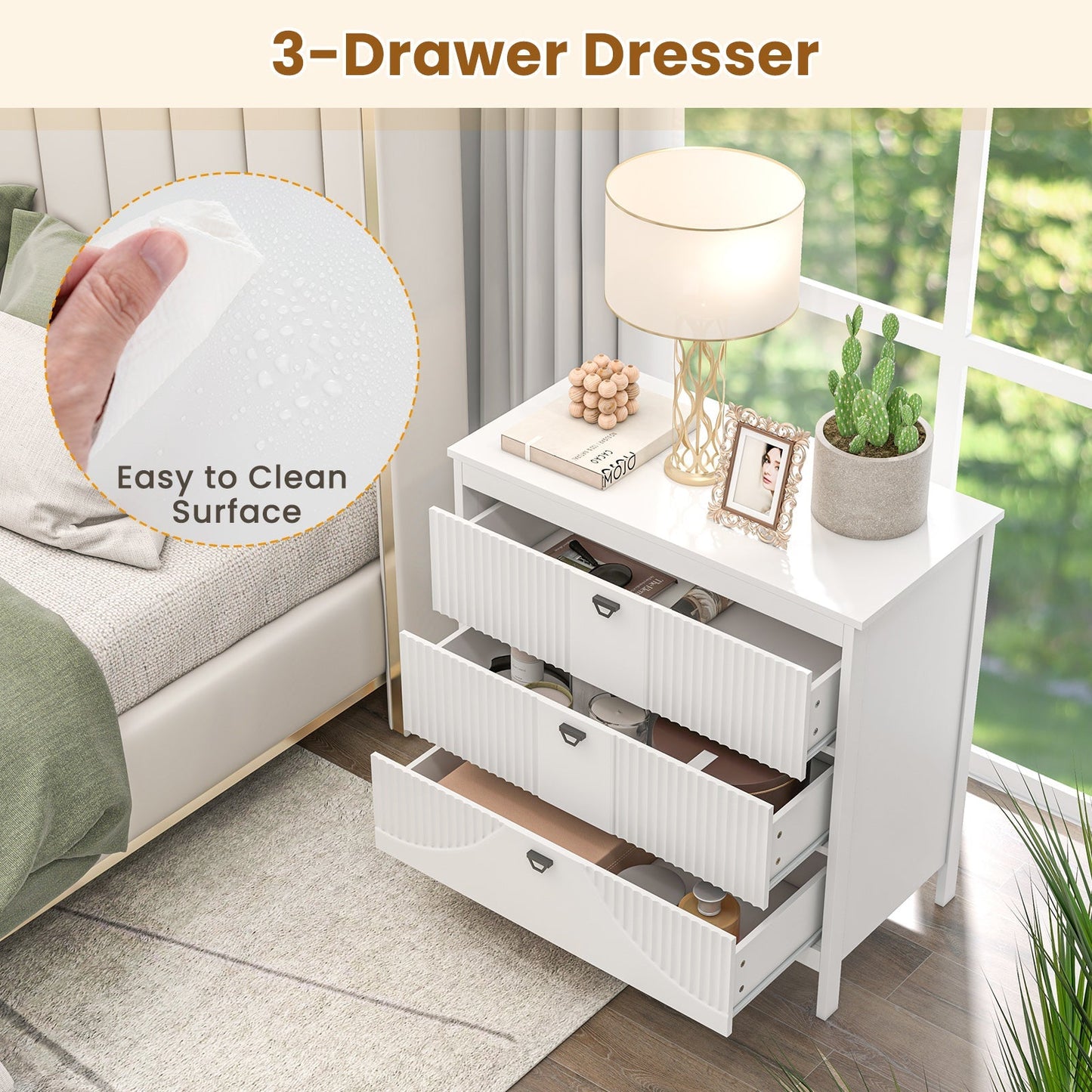 3-Drawer Dresser with Anti-toppling Kit and Storage-White