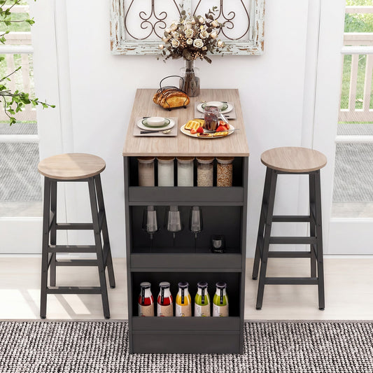 3-Piece Dining Table Set 91 cm Counter Height Bistro Table with 3 Storage Shelves-Rustic Brown