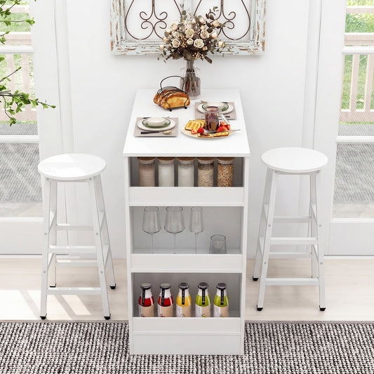 3-Piece Dining Table Set 91 cm Counter Height Bistro Table with 3 Storage Shelves-White