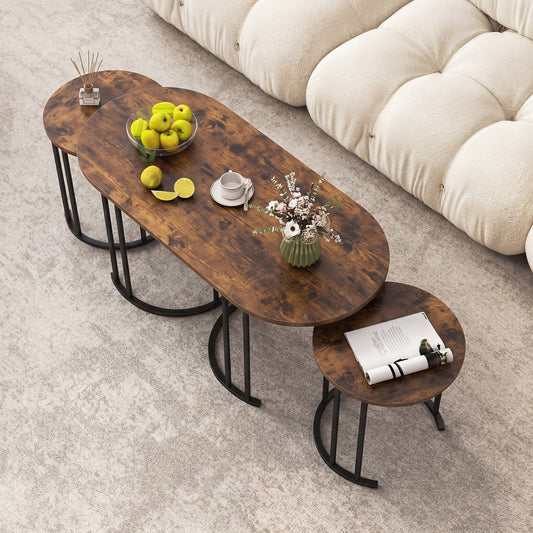 3-Piece Nesting Coffee Table Set 110cm Coffee Table with 2 Side Tables-Rustic Brown