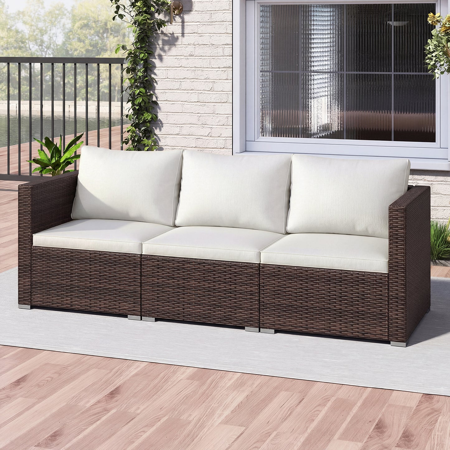 3-Piece Outdoor Wicker Sectional Sofa Set PE Rattan Modular Couch with Thick Cushions-White